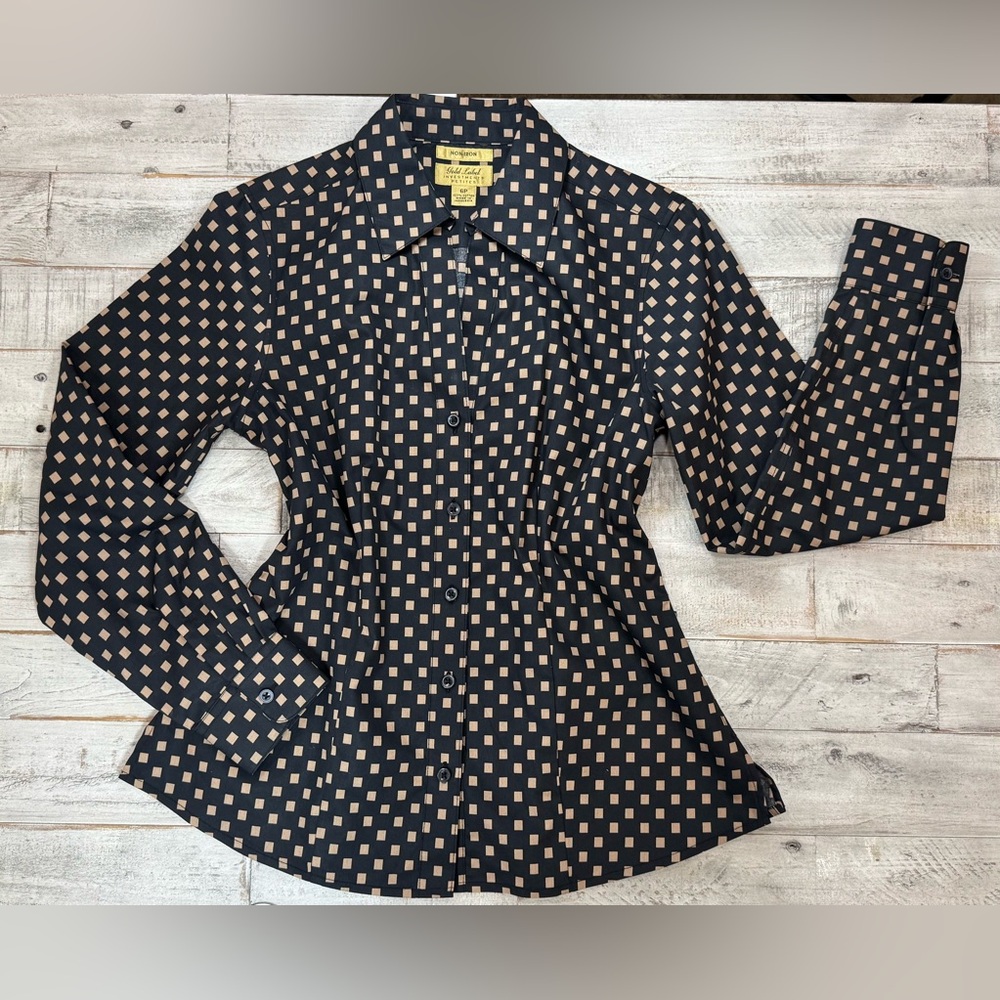 Investments Gold Label Button Up Shirt Womens 6P Petites Black Square 100%Cotton